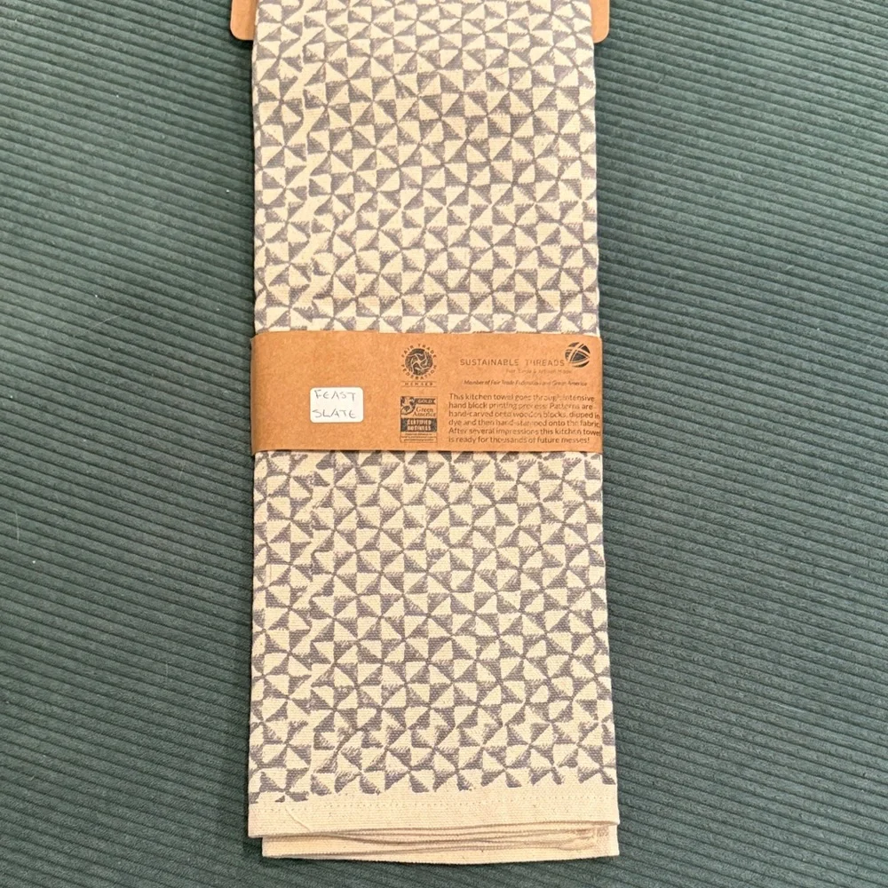 Sustainable Threads Block Hand Printed Feast Kitchen Towel Slate grey new tags
